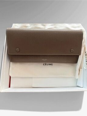 Pre-owned Celine Taupe Fold-Over Pebbled Leather Wallet